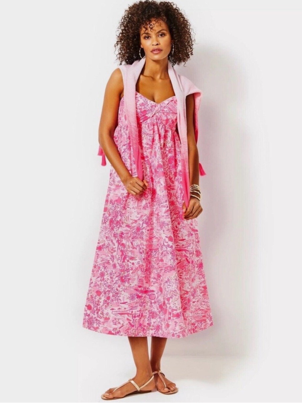 Lilly Pulitzer Azora Cotton Midi Dress Size 12 Peony Pink Seaside Scene print - Picture 3 of 14